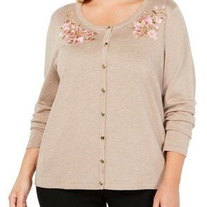 Karen Scott Women's Plus Embroidered Boatneck Cardigan Sweater Tan 0X